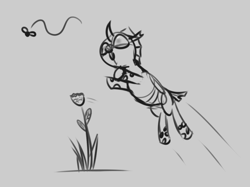 Size: 739x553 | Tagged: safe, artist:evan555alpha, imported from ponybooru, changeling, fly, insect, attack, behaving like a cat, dorsal fin, exclamation point, female, flower, jumping, monochrome, motion lines, open mouth, ponybooru exclusive, pounce, rose, simple background, sketch, solo, tail wag, white background, wiggling