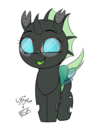 Size: 500x650 | Tagged: safe, artist:evan555alpha, artist:lyrabop, imported from ponybooru, oc, oc only, oc:yvette (evan555alpha), changeling, blue eyes, changeling oc, cute, dorsal fin, fangs, female, glasses, green tongue, happy, horn, open mouth, round glasses, signature, simple background, solo, transparent background, wings