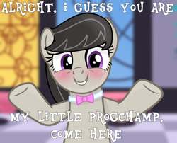 Size: 1500x1213 | Tagged: safe, artist:grapefruitface1, imported from derpibooru, octavia melody, pony, blushing, bowtie, bronybait, cute, dialogue, happy, incoming hug, looking at you, meme, my little pogchamp, open arms, progressive rock, raised hoof, show accurate, solo, tavibetes
