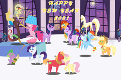 Size: 4320x2880 | Tagged: safe, anonymous artist, imported from derpibooru, applejack, big macintosh, discord, fluttershy, pinkie pie, rainbow dash, rarity, spike, starlight glimmer, sunburst, twilight sparkle, oc, oc:late riser, alicorn, draconequus, earth pony, pegasus, pony, unicorn, series:fm holidays, 2021, alcohol, aunt and nephew, aunt applejack, baby, baby pony, bipedal, champagne, champagne glass, cider, cider dash, colt, cork, dancing, discord being discord, drink, drunk, drunk bubbles, drunker dash, eyes closed, female, fireworks, fluttermac, happy new year, happy new year 2021, hat, high res, holding a pony, holiday, jug, kissing, lamp, lampshade, lampshade hat, lightbulb, male, mane seven, mane six, mare, new year, offspring, pacifier, parent:big macintosh, parent:fluttershy, parents:fluttermac, pointy ponies, punch (drink), punch bowl, shipping, stallion, straight, twilight sparkle (alicorn), wine