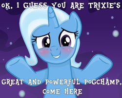Size: 1500x1213 | Tagged: safe, alternate version, artist:grapefruitface1, imported from derpibooru, trixie, pony, unicorn, awkward smile, base used, blushing, female, happy, incoming hug, looking at you, mare, meme, my little pogchamp, open arms, pogchamp, raised hoof, show accurate, smiling, solo, space background