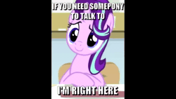 Size: 1280x720 | Tagged: safe, artist:keronianniroro, edit, edited screencap, imported from derpibooru, screencap, starlight glimmer, pony, unicorn, a horse shoe-in, ai assisted, ai content, aivo, animated, caption, chair, cute, fifteen.ai, glimmerbetes, image macro, meme, smiling, solo, sound, text, webm