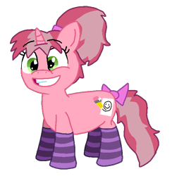 Size: 624x639 | Tagged: safe, artist:icecreamjaxxie, imported from derpibooru, oc, oc only, oc:doodly doo, pony, unicorn, bow, clothes, paper, pencil, ponytail, simple background, smiley face, smiling, socks, solo, striped socks, tail bow, transparent background