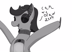 Size: 2100x1500 | Tagged: safe, artist:hemlock conium, imported from derpibooru, oc, oc only, oc:b-345, earth pony, object pony, original species, pony, drawing tablet, female, mare, monochrome, ponified, quick sketch, simple background, solo