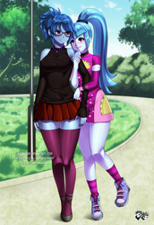 Size: 688x1000 | Tagged: safe, artist:jadenkaiba, imported from derpibooru, sonata dusk, oc, oc:moonlight, equestria girls, blushing, canon x oc, close together, clothes, commission, converse, fanfic art, female, lesbian, looking at each other, park, shoes, smiling, socks, taco dress, thigh highs, watermark