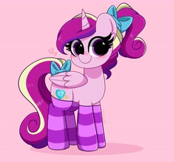 Size: 4096x3836 | Tagged: safe, artist:kittyrosie, imported from derpibooru, princess cadance, alicorn, pony, alternate hairstyle, blushing, bow, clothes, cute, cutedance, female, looking at you, mare, pink background, ponytail, ribbon, simple background, smiling, socks, solo, striped socks, tail bow, weapons-grade cute