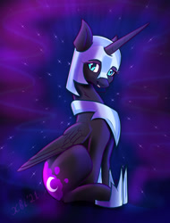 Size: 1303x1715 | Tagged: source needed, safe, artist:xbi, imported from derpibooru, nightmare moon, alicorn, pony, abstract background, female, looking at you, mare, sitting, solo