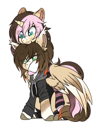 Size: 2176x2650 | Tagged: safe, artist:red_moonwolf, imported from derpibooru, oc, oc only, oc:eclipsed moonwolf, oc:orange lightning, pegasus, pony, unicorn, derpibooru community collaboration, 2021 community collab, :p, clothes, couple, duo, ear tufts, female, hoodie, lesbian, simple background, socks, striped socks, tongue out, transparent background, unshorn fetlocks