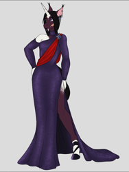 Size: 718x956 | Tagged: safe, artist:blackblood-queen, imported from derpibooru, oc, oc only, oc:demetrius crow, anthro, bat pony, bat pony unicorn, hybrid, unguligrade anthro, unicorn, clothes, digital art, dress, ear piercing, earring, eyeshadow, female, heterochromia, horn, jewelry, lipstick, makeup, mare, piercing, scar, side slit, simple background, solo