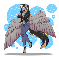 Size: 3500x3401 | Tagged: safe, artist:jack-pie, imported from derpibooru, oc, oc only, anthro, pegasus, plantigrade anthro, belly button, breasts, cleavage, clothes, commission, feet, female, high res, jeans, jewelry, lipstick, looking at you, mare, midriff, nail polish, nose piercing, open-toed shoes, pants, pegasus oc, piercing, sandals, simple background, solo, toe ring, toenail polish, toes, transparent background, wings