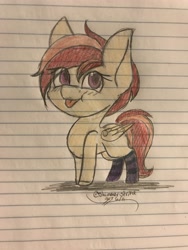 Size: 3024x4032 | Tagged: source needed, safe, artist:shimmer strike, imported from derpibooru, oc, oc only, oc:sunrise flair, pegasus, pony, big ears, female, lined paper, solo, solo female, standing, tongue out, traditional art