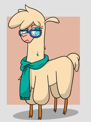 Size: 792x1060 | Tagged: safe, artist:hitsuji, imported from derpibooru, oc, oc:shio, oc:shio (hitsuji), alpaca, them's fightin' herds, clothes, cloven hooves, community related, female, glasses, looking at you, paprika paca is not amused, scarf, simple background, solo, tfh oc
