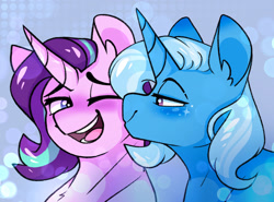 Size: 1280x948 | Tagged: safe, artist:sunnysynopsis, imported from derpibooru, starlight glimmer, trixie, pony, unicorn, cheek kiss, duo, female, kiss on the cheek, kissing, lesbian, mare, one eye closed, open mouth, open smile, shipping, smiling, smooch, startrix