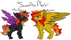 Size: 2156x1224 | Tagged: safe, artist:lamb-shack, imported from derpibooru, oc, oc only, oc:sunrise flair, changeling, pegasus, big ears, female, purple changeling, reference sheet, simple background, solo, solo female, transparent background