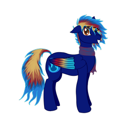 Size: 2000x2000 | Tagged: safe, artist:bluestflames, imported from derpibooru, oc, oc only, oc:blue flames, pegasus, pony, derpibooru community collaboration, 2021 community collab, clothes, colored wings, grin, looking at you, male, multicolored hair, multicolored wings, one eye closed, scarf, simple background, smiling, solo, stallion, transparent background, wings, wink