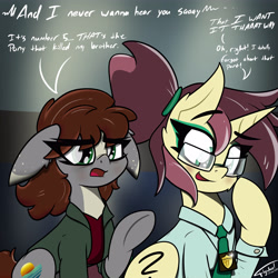 Size: 4500x4500 | Tagged: safe, artist:flywheel, imported from derpibooru, oc, oc only, oc:ambi, oc:ambiguity, earth pony, pony, unicorn, absurd resolution, brooklyn nine nine, clothes, crossover, dialogue, duo, eye clipping through hair, femboy, floppy ears, funny, glasses, male, necktie, open mouth, shirt, sitting, smiling