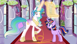 Size: 2723x1564 | Tagged: safe, artist:gallantserver, imported from derpibooru, princess celestia, oc, oc:valhalla, pony, unicorn, female, magic, mare, p0ony, scroll