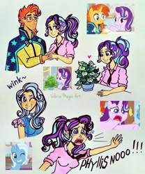 Size: 1824x2193 | Tagged: safe, artist:valeriamagicart, imported from derpibooru, screencap, phyllis, starlight glimmer, sunburst, trixie, human, pony, unicorn, a horse shoe-in, a trivial pursuit, holding hands, humanized, one eye closed, philodendron, phyllis no!, scene interpretation, screencap reference, teary eyes, traditional art, wink