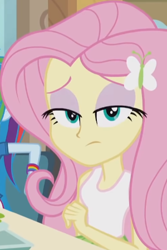 Size: 300x450 | Tagged: safe, edit, edited screencap, imported from derpibooru, screencap, fluttershy, rainbow dash, equestria girls, rainbow rocks, cropped, fluttershy is not amused, skeptical, solo focus, unamused