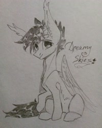 Size: 3120x3900 | Tagged: source needed, safe, artist:jsunlight, artist:julia-sunlight, imported from derpibooru, oc, oc only, oc:dreamer skies, pegasus, pony, flower, gift art, hair accessory, looking at you, monochrome, pegasus oc, sitting, smiling, solo, traditional art, wings