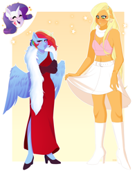 Size: 4627x5856 | Tagged: safe, artist:tsetsera, imported from derpibooru, applejack, rainbow dash, rarity, anthro, earth pony, pegasus, unicorn, and then there's rarity, applejack also dresses in style, belt, blushing, boots, bra, bracelet, clothes, crop top bra, dress, ear piercing, earring, evening gloves, eyes closed, eyeshadow, feather boa, female, floppy ears, forced makeover, freckles, gloves, heart, height difference, high heel boots, high heels, jewelry, long gloves, makeup, necklace, open mouth, piercing, rainbow dash always dresses in style, scarf, shoes, skirt, tomboy, tomboy taming, trio, underwear