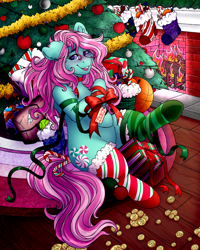 Size: 4000x5000 | Tagged: safe, alternate version, artist:dewdropinn, imported from derpibooru, part of a set, minty, earth pony, pony, blushing, candy canes, christmas, christmas lights, christmas presents, christmas stocking, christmas tree, clothes, ear fluff, fireplace, frog (hoof), garland, gift wrapped, holiday, minty (g3), minty christmas (dewdropinn), mismatched socks, pink mane, ribbon, smiling, socks, solo, stockings, striped socks, thigh highs, tree, underhoof