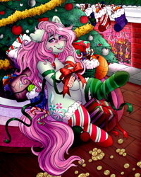 Size: 4000x5000 | Tagged: safe, alternate version, artist:dewdropinn, imported from derpibooru, part of a set, minty, earth pony, pony, blushing, candy canes, christmas, christmas lights, christmas presents, christmas stocking, christmas tree, clothes, ear fluff, fireplace, frog (hoof), garland, gift wrapped, holiday, minty (g3), minty (mcdonald's toy), minty christmas (dewdropinn), mismatched socks, pink mane, ribbon, smiling, socks, solo, stockings, striped socks, thigh highs, tree, underhoof