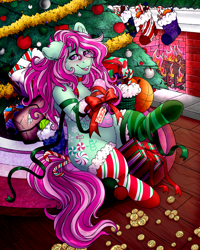 Size: 4000x5000 | Tagged: safe, alternate version, artist:dewdropinn, imported from derpibooru, part of a set, minty, earth pony, pony, blushing, candy canes, christmas, christmas lights, christmas presents, christmas stocking, christmas tree, clothes, ear fluff, fireplace, frog (hoof), g3, garland, gift wrapped, holiday, minty (g3), minty (vii), minty christmas (dewdropinn), mismatched socks, pink mane, rainbow power, ribbon, smiling, socks, solo, stockings, striped socks, thigh highs, tree, underhoof, winter minty