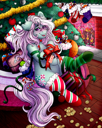 Size: 4000x5000 | Tagged: safe, alternate version, artist:dewdropinn, imported from derpibooru, part of a set, minty, earth pony, pony, blushing, candy canes, christmas, christmas lights, christmas presents, christmas stocking, christmas tree, clothes, ear fluff, fireplace, frog (hoof), garland, gift wrapped, holiday, minty (g3), minty (i), minty christmas (dewdropinn), mismatched socks, pink mane, ribbon, smiling, socks, solo, stockings, striped socks, thigh highs, tree, underhoof