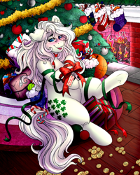 Size: 4000x5000 | Tagged: safe, alternate version, artist:dewdropinn, imported from derpibooru, part of a set, minty, minty (g1), earth pony, pony, blushing, candy canes, christmas, christmas lights, christmas presents, christmas stocking, christmas tree, ear fluff, fireplace, frog (hoof), garland, gift wrapped, holiday, minty christmas (dewdropinn), pink mane, ribbon, smiling, solo, tree, underhoof