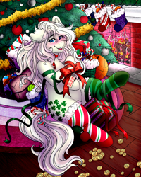 Size: 4000x5000 | Tagged: safe, alternate version, artist:dewdropinn, imported from derpibooru, part of a set, minty, minty (g1), earth pony, pony, blushing, candy canes, christmas, christmas lights, christmas presents, christmas stocking, christmas tree, clothes, ear fluff, fireplace, frog (hoof), garland, gift wrapped, holiday, minty christmas (dewdropinn), mismatched socks, pink mane, ribbon, smiling, socks, solo, stockings, striped socks, thigh highs, tree, underhoof