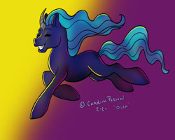 Size: 1280x1024 | Tagged: safe, artist:oceachan, imported from derpibooru, oc, oc only, oc:neon, pony, unicorn, curved horn, happy, horn, running, smiling, solo, unicorn oc