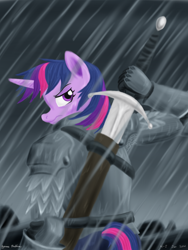 Size: 1800x2400 | Tagged: safe, artist:rockhoppr3, imported from derpibooru, twilight sparkle, anthro, unicorn, armor, knight, looking at you, looking back, looking back at you, rain, solo, sword, weapon