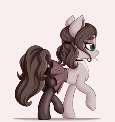 Size: 1812x1920 | Tagged: safe, artist:qbellas, imported from derpibooru, oc, oc only, earth pony, pony, butt, candy, choker, clothes, dock, eyebrows, female, food, implied tail hole, lollipop, mare, plot, raised hoof, raised leg, simple background, skirt, solo, stockings, tail, thigh highs