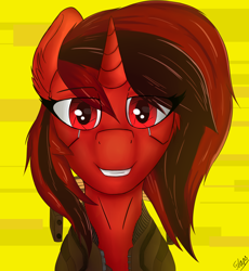 Size: 2764x3000 | Tagged: safe, artist:flapstune, imported from derpibooru, oc, oc:flaps tune, pony, unicorn, clothed ponies, cybernetic eyes, cyberpunk, cyberpunk 2077, female, fluffy, horn, looking at you, mare, signature, simple background, smiling, yellow background