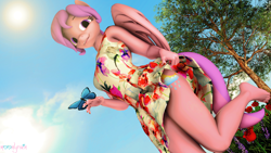 Size: 3840x2160 | Tagged: safe, artist:moonlyrain, imported from derpibooru, oc, oc:raining moon, anthro, butterfly, 3d, anthro oc, clothes, dress, grass, sky, sun, tree, wings