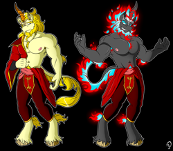 Size: 2800x2450 | Tagged: safe, artist:makidotsukashi, imported from derpibooru, oc, oc only, oc:golden oak, anthro, kirin, nirik, unguligrade anthro, beard, belly button, black background, clothes, digital art, facial hair, horn, kirin oc, male, male nipples, muscles, muscular male, nipples, nirik oc, nudity, partial nudity, pecs, simple background, solo, solo male, standing, tail, topless