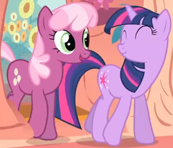 Size: 1034x885 | Tagged: safe, imported from derpibooru, screencap, cheerilee, twilight sparkle, earth pony, unicorn, season 1, the show stoppers, ^^, animation error, cropped, cute, duo, eyes closed, golden oaks library, twiabetes, unicorn twilight