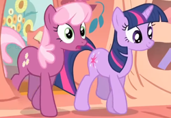 Size: 1284x885 | Tagged: safe, imported from derpibooru, screencap, cheerilee, twilight sparkle, earth pony, unicorn, season 1, the show stoppers, animation error, cropped, duo, golden oaks library, unicorn twilight