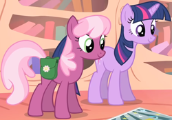 Size: 1450x1011 | Tagged: safe, imported from derpibooru, screencap, cheerilee, twilight sparkle, earth pony, unicorn, season 1, the show stoppers, bag, cropped, duo, golden oaks library, poster, saddle bag, unicorn twilight