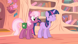 Size: 1920x1080 | Tagged: safe, imported from derpibooru, screencap, cheerilee, twilight sparkle, earth pony, unicorn, season 1, the show stoppers, bag, duo, eyes closed, golden oaks library, saddle bag, unicorn twilight