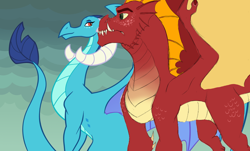 Size: 900x542 | Tagged: safe, artist:phobicalbino, artist:queencold, edit, imported from derpibooru, garble, princess ember, dragon, gauntlet of fire, dragon lord ember, dragoness, ear fins, emble, female, male, older, older ember, older garble, quadrupedal, shipping, spread wings, straight, wing claws, wings