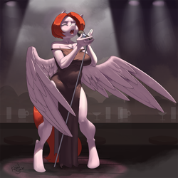 Size: 900x900 | Tagged: safe, artist:kevinsano, imported from derpibooru, oc, oc only, oc:weathervane, anthro, pegasus, unguligrade anthro, breasts, busty oc, clothes, commission, detailed background, digital art, dress, eyes closed, female, microphone, open mouth, singing, solo, solo female, spread wings, thighs, wide hips, wings