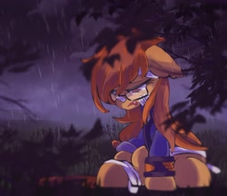 Size: 2082x1803 | Tagged: safe, artist:lexiedraw, imported from derpibooru, oc, oc only, pony, bandage, clothes, commission, crying, glasses, rain, solo