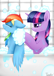 Size: 2480x3507 | Tagged: safe, artist:twidasher, imported from derpibooru, rainbow dash, twilight sparkle, pegasus, pony, bath, bathing, bathtub, duo, eyes closed, female, floppy ears, lesbian, scrubbing, shipping, signature, soap bubble, twidash, water