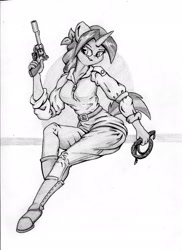 Size: 1700x2339 | Tagged: safe, artist:zemer, imported from derpibooru, oc, anthro, unicorn, roan rpg, boots, clothes, commission, gun, monochrome, shoes, weapon, whip