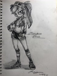 Size: 3024x4032 | Tagged: safe, artist:musical ray, imported from derpibooru, rainbow dash, human, equestria girls, clothes, female, football, humanized, jacket, kneesocks, monochrome, ponytail, shirt, shoes, shorts, sketch, socks, solo, solo female, sports, striped socks, traditional art, visor