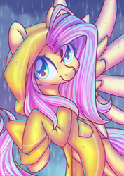 Size: 1600x2264 | Tagged: safe, artist:musicfirewind, artist:wavecipher, imported from derpibooru, fluttershy, pegasus, pony, chromatic aberration, cute, female, head turned, heart eyes, looking at you, mare, outdoors, rain, raincoat, shyabetes, smiling, solo, spread wings, three quarter view, turned head, wingding eyes, wings