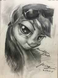 Size: 3024x4032 | Tagged: safe, artist:musical ray, imported from derpibooru, rainbow dash, pegasus, pony, breasts, monochrome, sketch, solo, sunglasses, traditional art