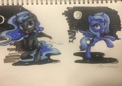 Size: 3880x2723 | Tagged: safe, artist:musical ray, imported from derpibooru, nightmare moon, princess luna, alicorn, pony, cute, duality, eyes open, female, filly, horn, looking at you, moon, open eyes, open mouth, traditional art, wings, woona, younger